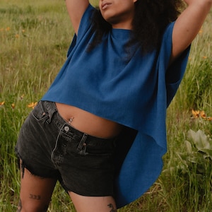 May include: A cropped, royal blue top with a high neckline and short sleeves. The top is paired with black denim shorts with frayed edges. The model is standing in a field of tall green grass with yellow flowers.