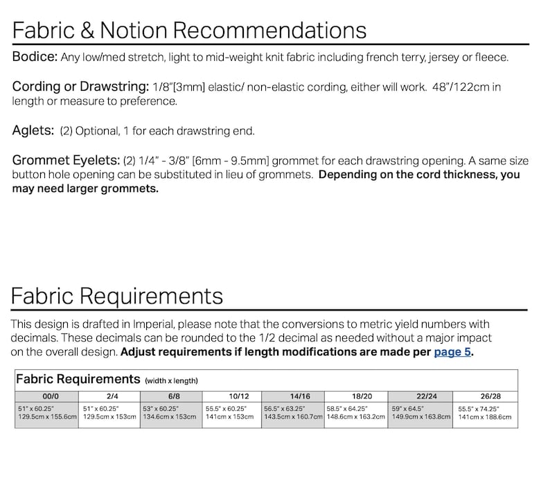 May include: Fabric requirements chart for a sewing project. The chart lists different sizes and corresponding fabric measurements in inches and centimeters. The chart also includes instructions for adjusting the fabric requirements if length modifications are made.