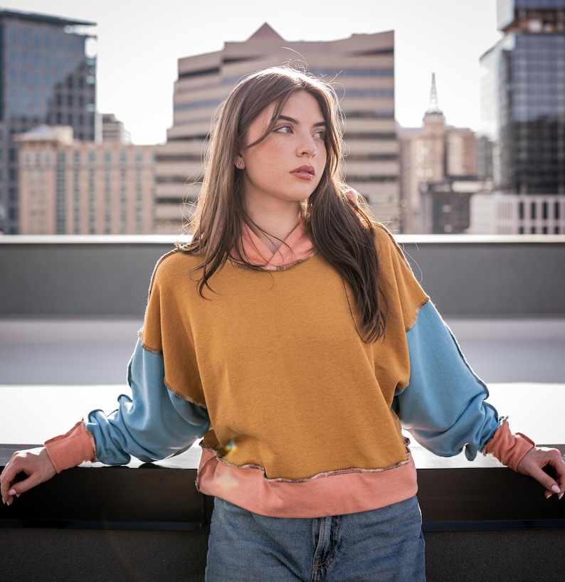 May include: A woman wearing a multi-colored sweatshirt with a blue, yellow, and pink color scheme. The sweatshirt has a relaxed fit and a slightly cropped length. The woman is standing on a rooftop with a city skyline in the background.