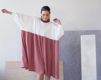 RTW Handmade Minimal Waste Pink White and Brown Knit Dress Taille 14 ou moins / Unique en son genre