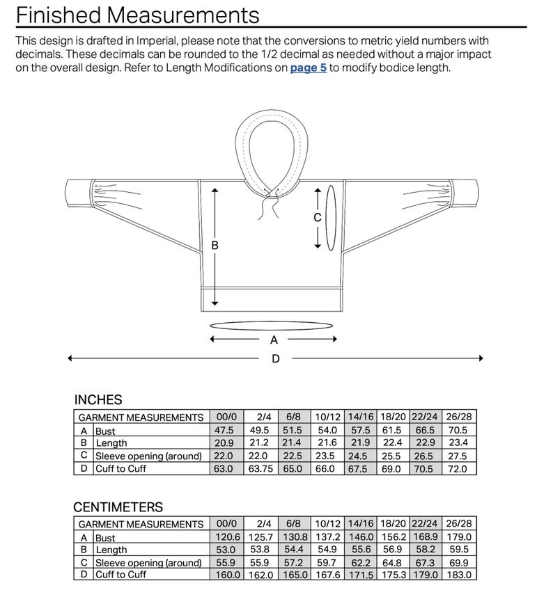 May include: A black and white line drawing of a hooded sweatshirt with measurements in inches and centimeters for different sizes. The measurements include bust, length, sleeve opening, and cuff to cuff.