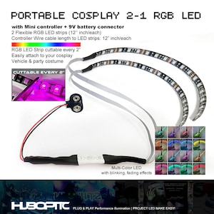 May include: Two 12-inch flexible RGB LED strips with a mini controller and 9V battery connector. The strips are cuttable every 2 inches and can be used for cosplay, vehicles, and parties. The controller has multiple color and flashing effects.