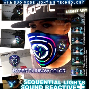 HUBOPTIC® Loop Sound Reactive LED Mask Dust Party Light Up Mask OrbitX16 Hyper Rainbow DJ Mask Rave Mask Dancer Cosplay Costume