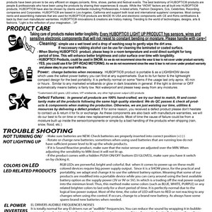 May include: A product information sheet for HUBOPTIC&reg; light-up products. The sheet includes instructions for product care, troubleshooting tips, and information about the company and its products. The sheet is printed on white paper with black text.
