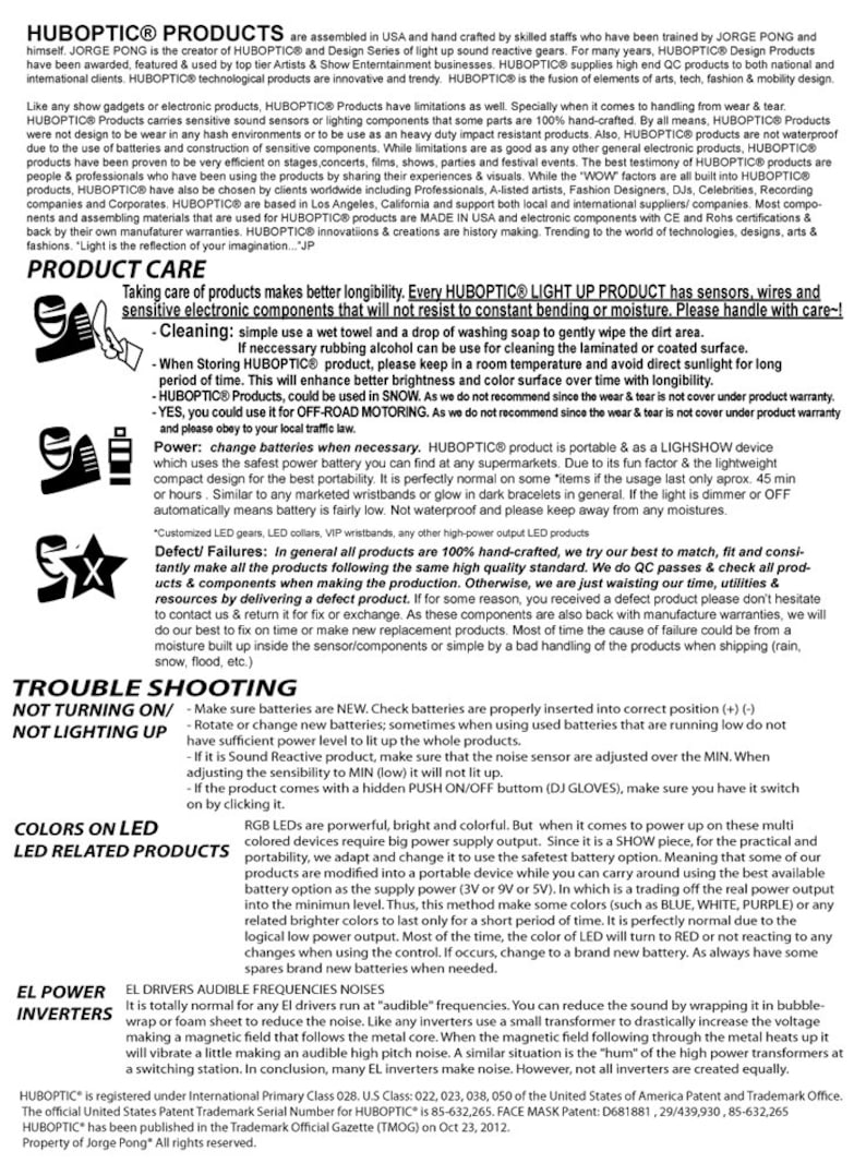 May include: A product information sheet for HUBOPTIC&reg; light-up products. The sheet includes instructions for product care, troubleshooting tips, and information about the company and its products. The sheet is printed on white paper with black text.