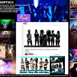 May include: A collage of images featuring LED light-up masks. The masks are worn by people in various settings, including a concert, a music video shoot, and a DJ booth. The masks are available in a variety of colors and designs. The text "Professional Video Shooting Masks / Stage Light Up Masks" is visible in the image.