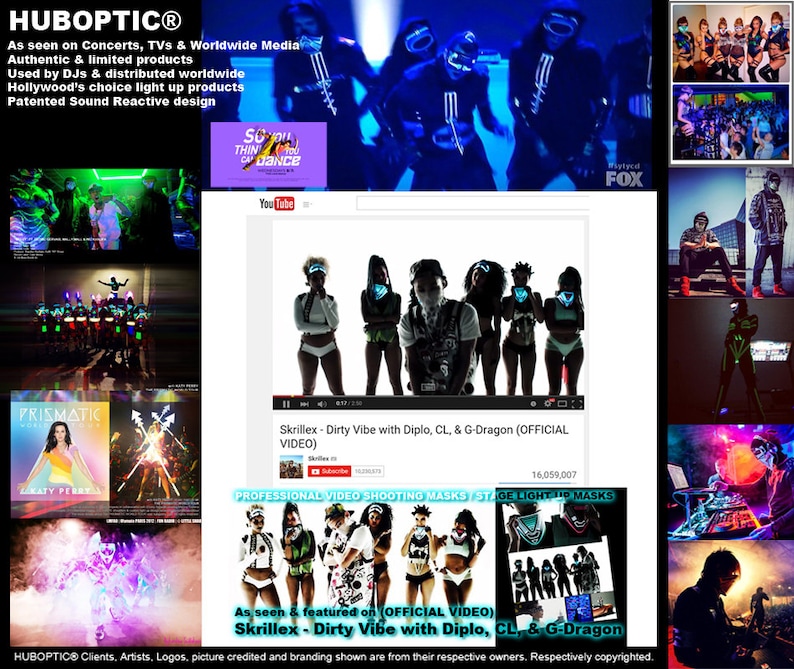 May include: A collage of images featuring LED light-up masks. The masks are worn by people in various settings, including a concert, a music video shoot, and a DJ booth. The masks are available in a variety of colors and designs. The text "Professional Video Shooting Masks / Stage Light Up Masks" is visible in the image.