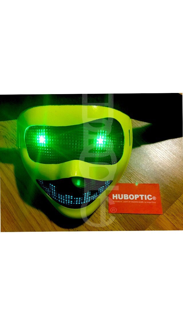 Download Emoji Mask Smiley Happy Led Mask Yellow Mask With Green Eyes Electric Robot Fururistic Light Up Rave Mask Dj Gigs Cyborg Cosplay Smile PSD Mockup Templates