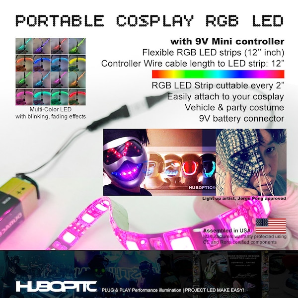 Cosplay lights Multicolor RGB 12" inch LED Strips Mini Controller - Blink Fade Flexible Cuttable every 2" portable string costume light