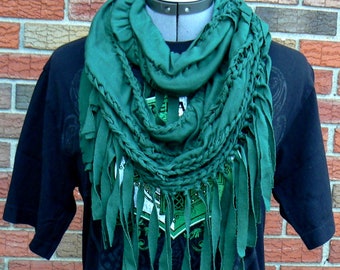 Green Infinity Scarf / Infinity Scarves / T Shirt Scarves / St Patrick's Day Scarf / Boho Scarves / Fringed Scarves