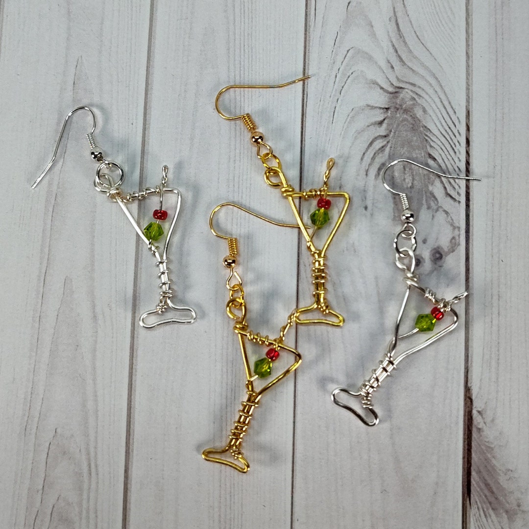 Martini Glass Earrings, Party Earrings, Gold or Silver Plated, New Year