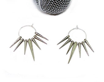 BUY 2 GET 3RD FREE Silver Spike Hoop Earrings / Dangle Spike Hoop Earrings / Spike Earrings / Rock / Goth / Punk / Edgy Statement Earrings
