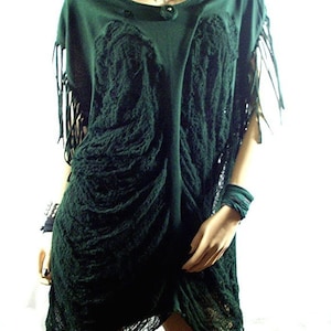 Shredded Forest Green Forest Fairy Dress / Fairy Core Dress / Burning Man / Festival Dress / Tree of Life Fringed Sleeved Dress /Witch Tunic