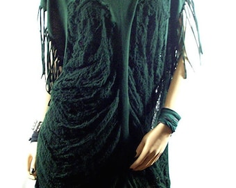 Shredded Forest Green Forest Fairy Dress / Fairy Core Dress / Burning Man / Festival Dress / Tree of Life Fringed Sleeved Dress / Tunic