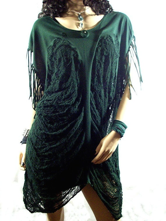 Shredded Forest Green Forest Fairy Dress / Fairy Core Dress / Burning Man / Festival Dress / Tree of Life Fringed Sleeved Dress /Witch Tunic