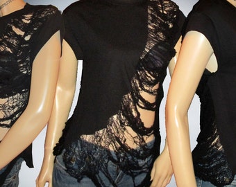 BUY2GET3RDFREE Women / Men / Unisex Hand Shredded Distressed/ Destroyed/ Grunge/Post Apocalyptic/ Punk/Rocker T shirt Top