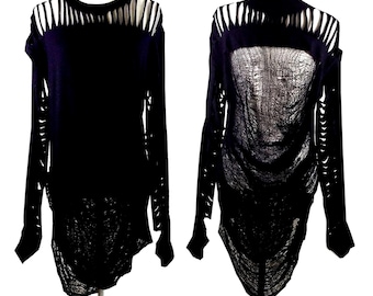 Hand Shredded T shirt / Unique Cut T shirt / Stylish Slit Cut Long Sleeve