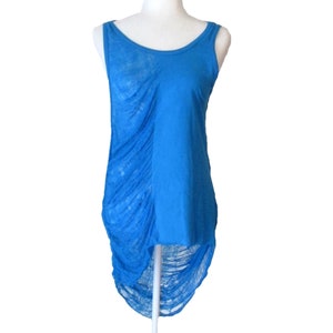 Hand Shredded Blue Tank Top / Back shoulder Cut out and Shredded / Size Small
