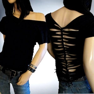 Shredded Tshirt ,Cut, Slashed and Slit Weaved back top by Rebeltude