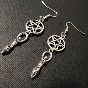 BUY 2 GET 3RD FREE Silver Goddess Pentagram Earrings Wicca/ Pagan Jewelry,Mother earth earrings. 925 Sterling Silver Rebletude