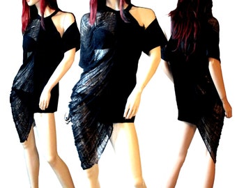 Hand Shredded Black T Shirt / Sexy and Stylish Open Shoulder / Shredded Panel and Solid Panel