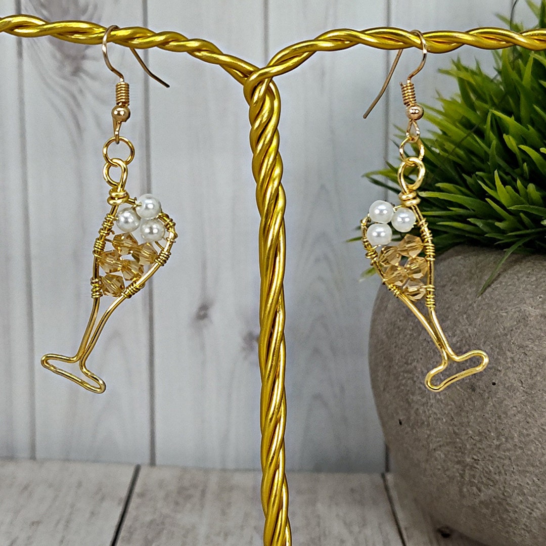 Champagne Glass Earrings, Party Earrings, Gold or Silver Plated, New