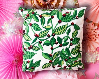 Floral Holly Berrries Print Velvet Cushion 30cms square 16" x 16"