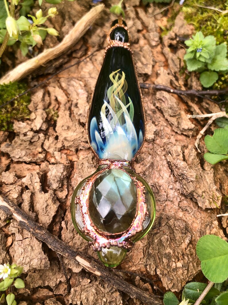 Glassadazical Gold /& Silver Fumed Tiered Green Glass Pendant with Copper and Labradorite Accent