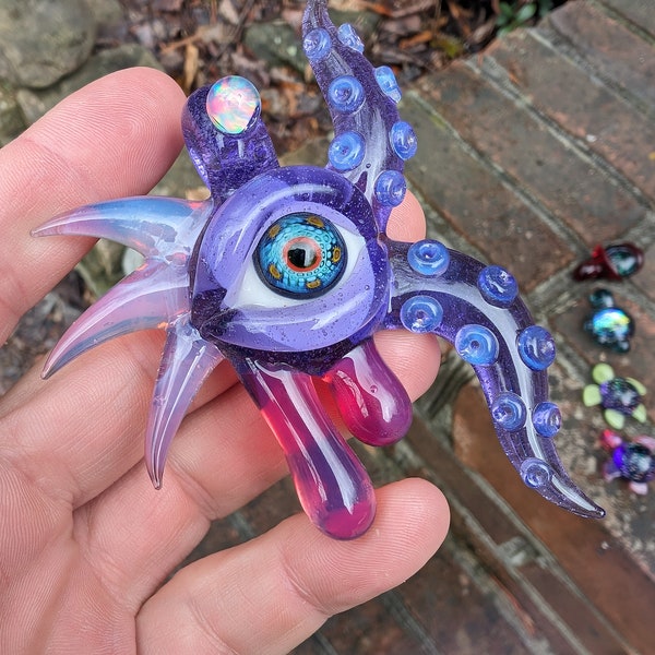 Glassadazical Funky Multi Colored UV reactive Dragon Eye Spiked Glass Pendant w/ Tentacles and drips