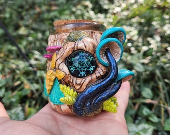 Glassadazical x Mama Starseed sacred geometry glass cabochon on ceramic clay stash jar