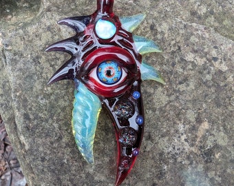 Glassadazical Funky Red Trippy Eye, Psychedelic Iris within an Iris, Claw Glass Pendant