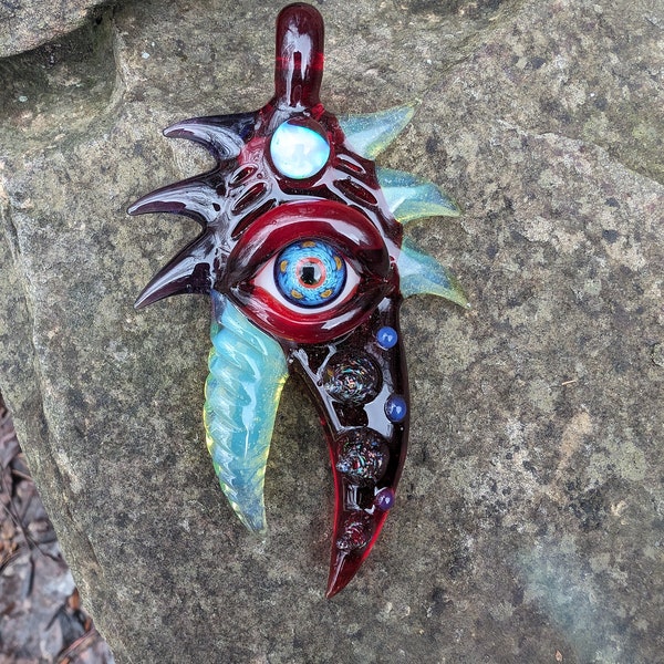 Glassadazical Funky Red Trippy Eye, Psychedelic Iris within an Iris, Claw Glass Pendant