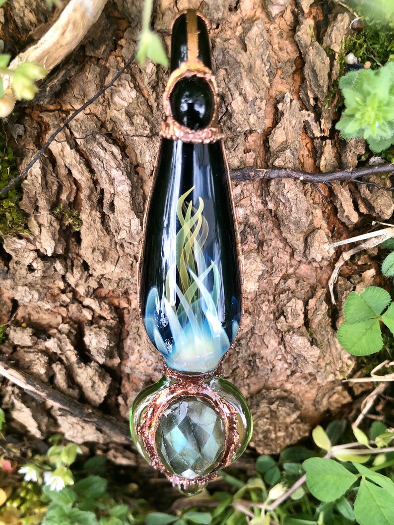 Glassadazical Gold /& Silver Fumed Tiered Green Glass Pendant with Copper and Labradorite Accent