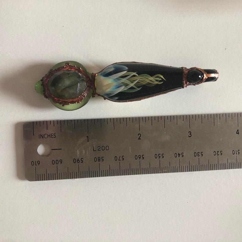 Glassadazical Gold /& Silver Fumed Tiered Green Glass Pendant with Copper and Labradorite Accent