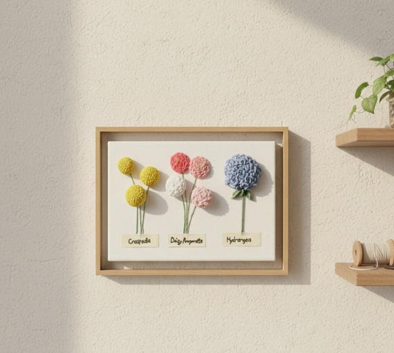 Handmade 3 Flowers Stump work Embroidery Canvas Frame 9" × 6"