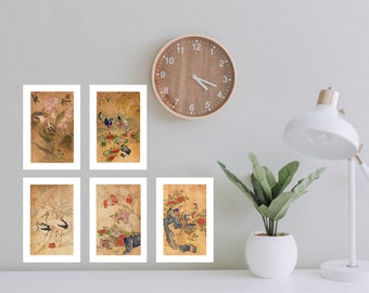 Printable 5 Korean Traditional Vintage Old Paints Pictures Digital Download Wall Deco