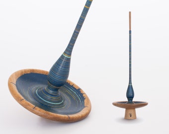 Royal blue with ochre - turquoise lines with a natural paint splash. Collector’s spinning top 32 cm height