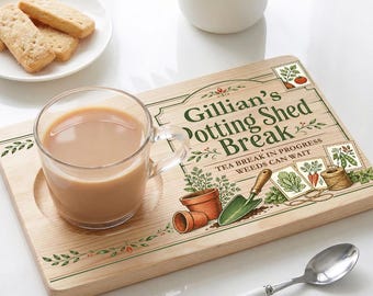 Gardening Gifts, Gardener's Tea and Biscuit Board, Personalised Wooden Snack Tray with Mug Recess, Potting Shed Brew Break Plate