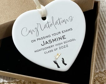 Passing Exam Success Ornament – Congratulations Hanging Plaque, Personalised Ceramic Keepsake Gift