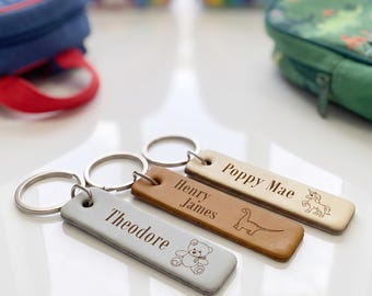 Personalised Leather Kids Keyring: Engraved Backpack Name Tag, Nursery or School Bag Accessory