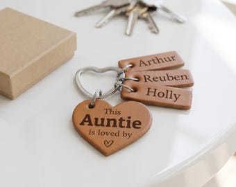 Personalised Auntie Keyring, Engraved Leather Heart with Niece & Nephew Name Tags