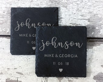 Mr & Mrs Slate Coasters, Personalised Wedding Coaster for Husband and Wife, Bride and Groom Gift