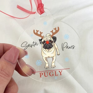 Pug Christmas Dog Bauble, Personalised Hanging Xmas Decoration with Dog Print, Pet Gift Christmas 2023, Dog Plaque