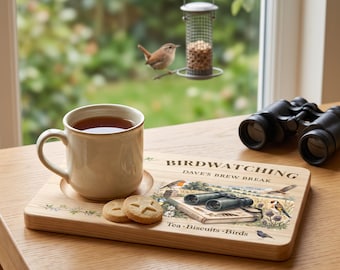 Plateau à thé et biscuits personnalisé pour l'observation des oiseaux, plateau à goûter en bois pour ornithologue amateur.