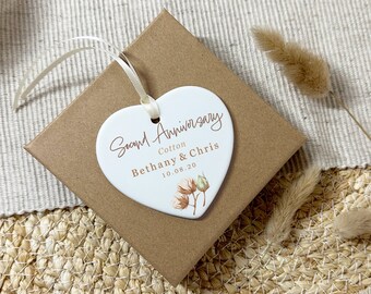 Personalised 2nd Anniversary Cotton Heart Plaque: Ceramic Keepsake Gift for Couple