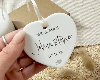 Mr & Mrs Wedding Gift, Personalised Hanging Tag, Ceramic Heart Plaque for Wedding Day