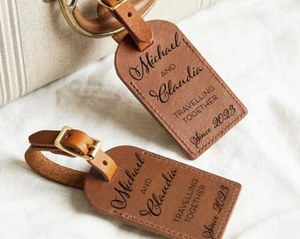 Leather Anniversary Luggage Tags, 3rd Anniversary Gift for Couple, Travelling Together, His & Hers, Personalised