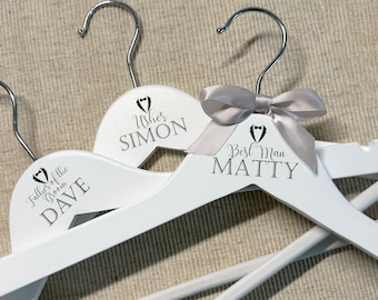 Wedding Hangers for Groomsmen, Personalised Tux Hangers for Grooms Party, White Hangers with Trouser Bar