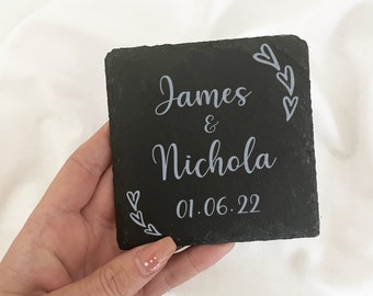 Personalised Slate Coaster Set, Wedding Gift, Anniversary Gift, Engraved Coaster for Couple, Mr and Mrs Keepsake