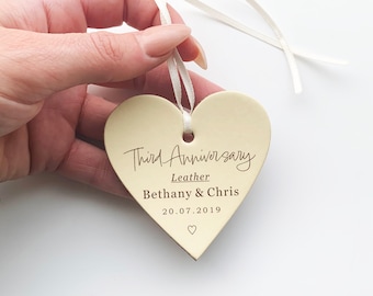 Leather Anniversary Gift for Couple Personalised Hanging Heart Plaque for 3rd Year Married Husband and Wife Keepsake Engraved and Handmade